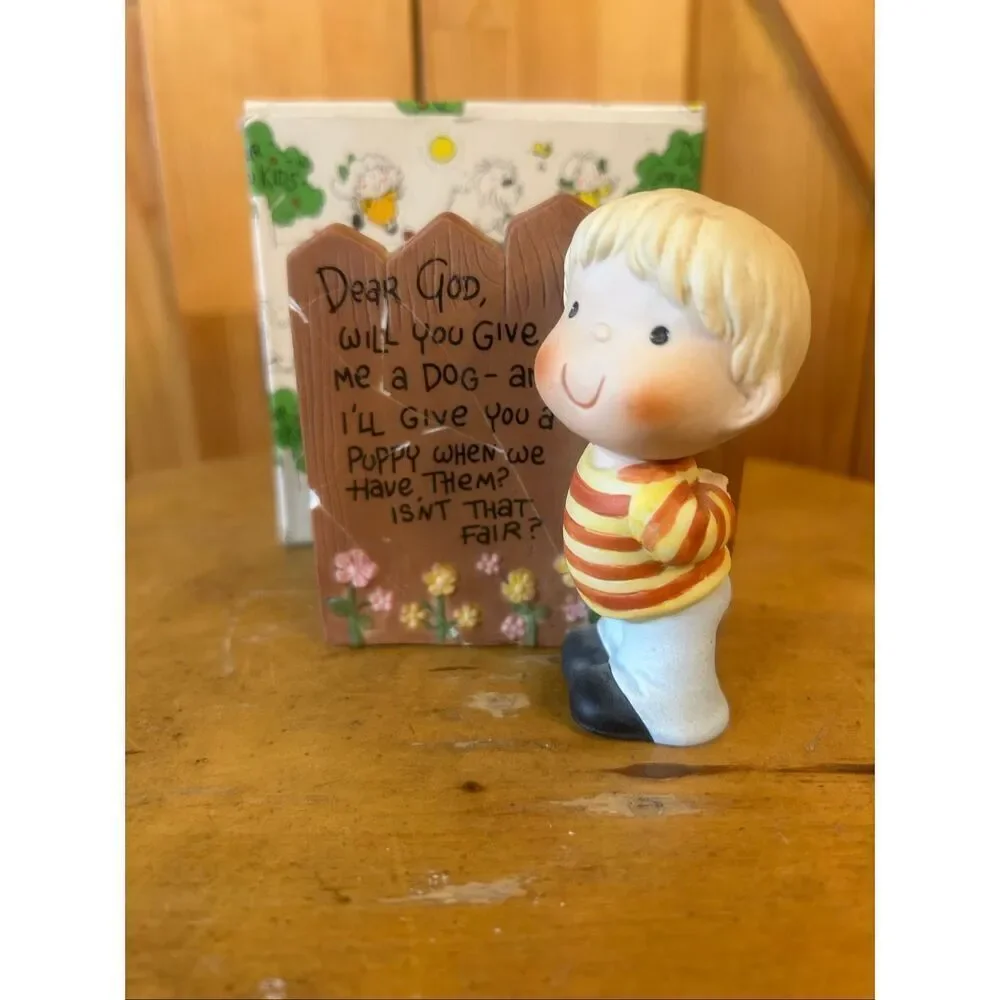 Vintage ENESCO DEAR GOD KIDS Please Have A Puppy 1982 Boy FIGURINE (5504) Read